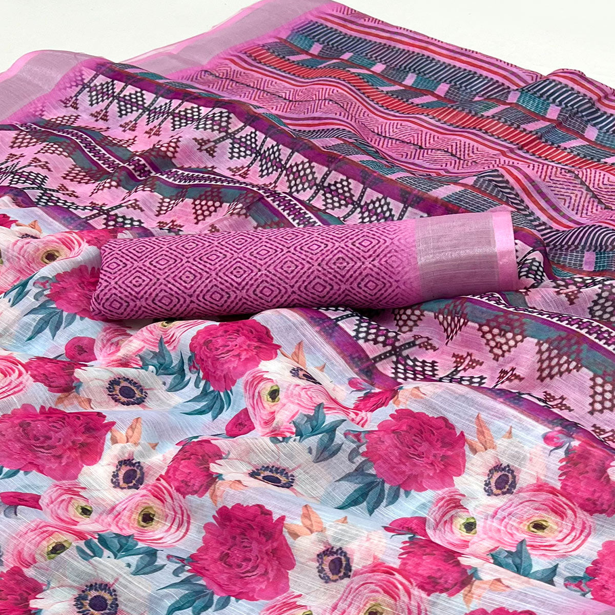 Pink Floral Digital Printed Linen Saree