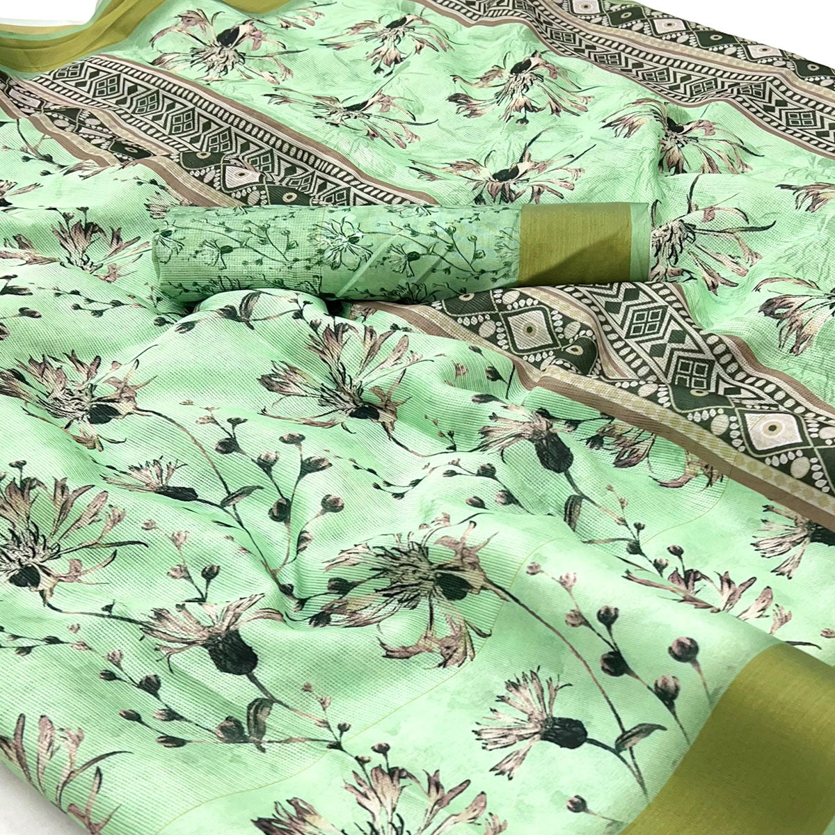 Green Floral Digital Printed Cotton Blend Saree