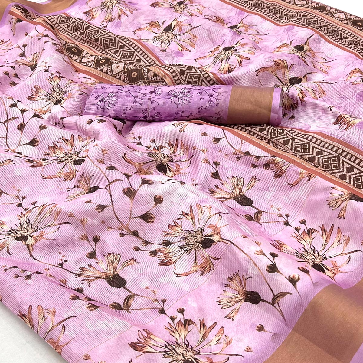 Baby Pink Floral Digital Printed Cotton Blend Saree