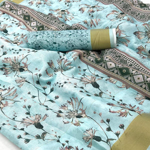Blue Floral Digital Printed Cotton Blend Saree