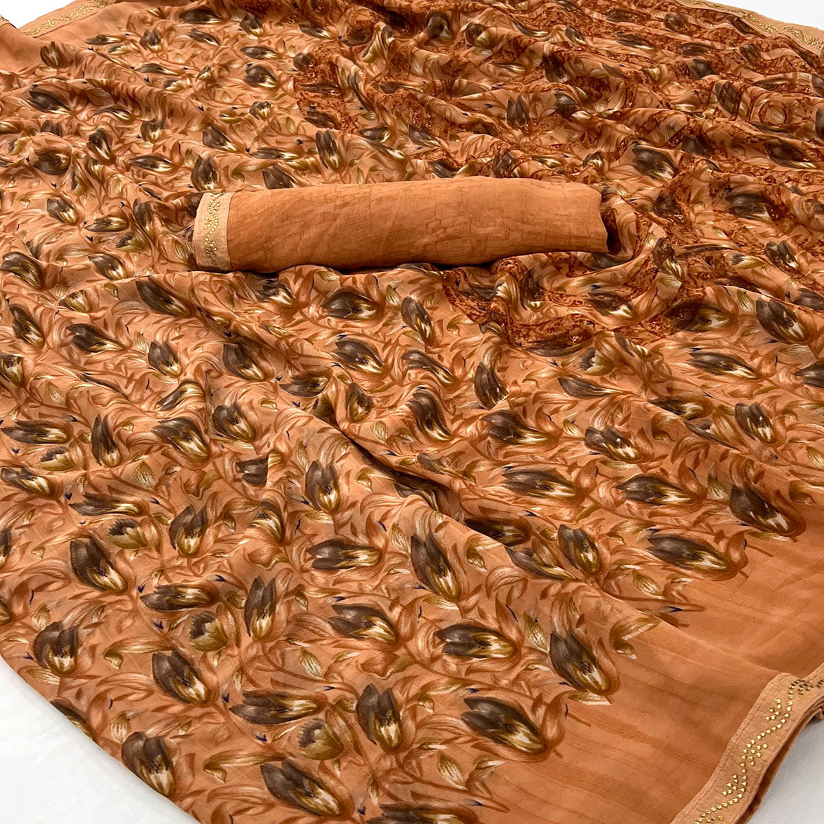 Rust Floral Printed Georgette Saree