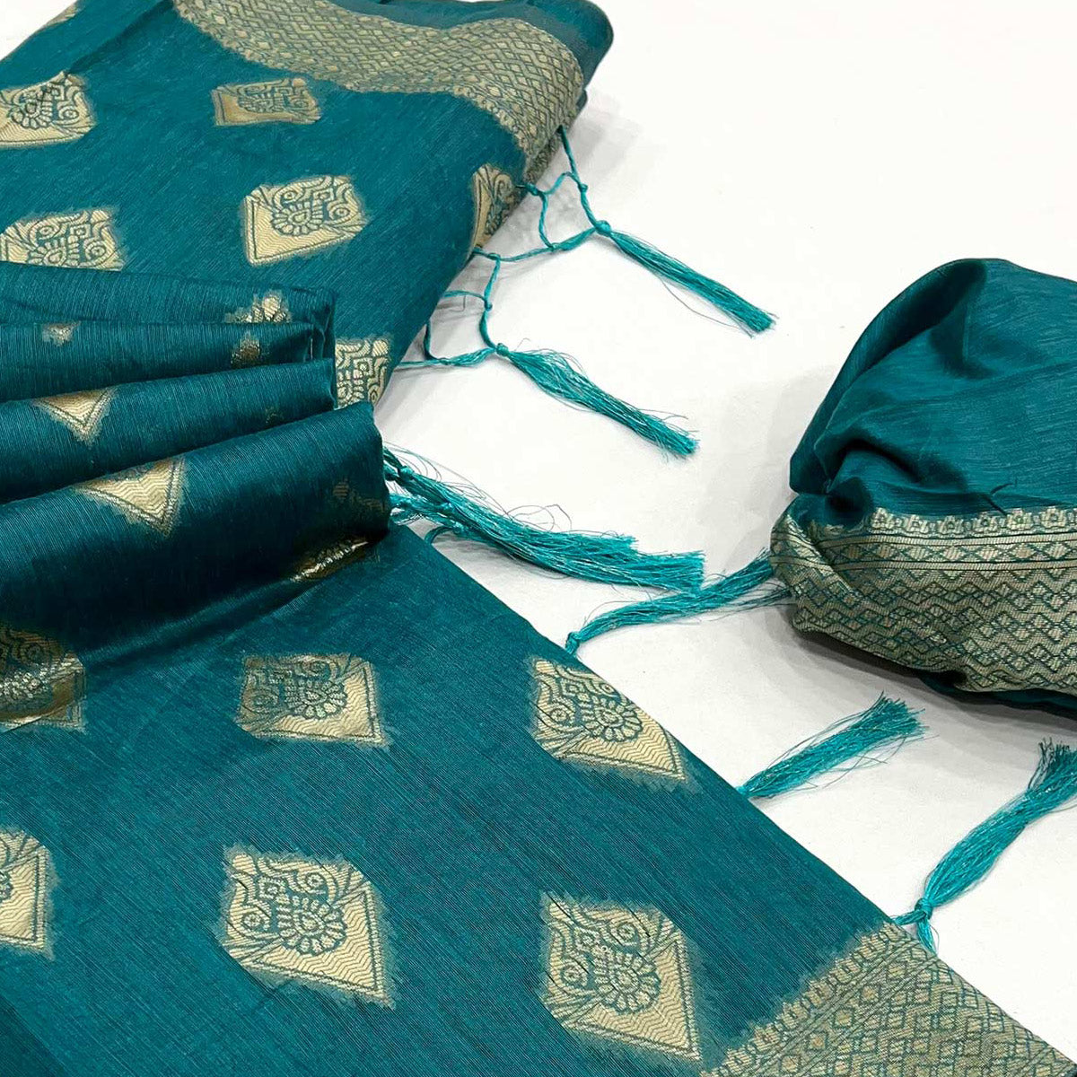 Rama Blue Woven Cotton Blend Saree With Tassels
