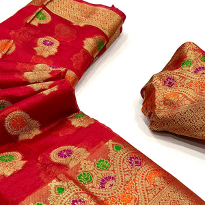 Red Floral Woven Organza Saree