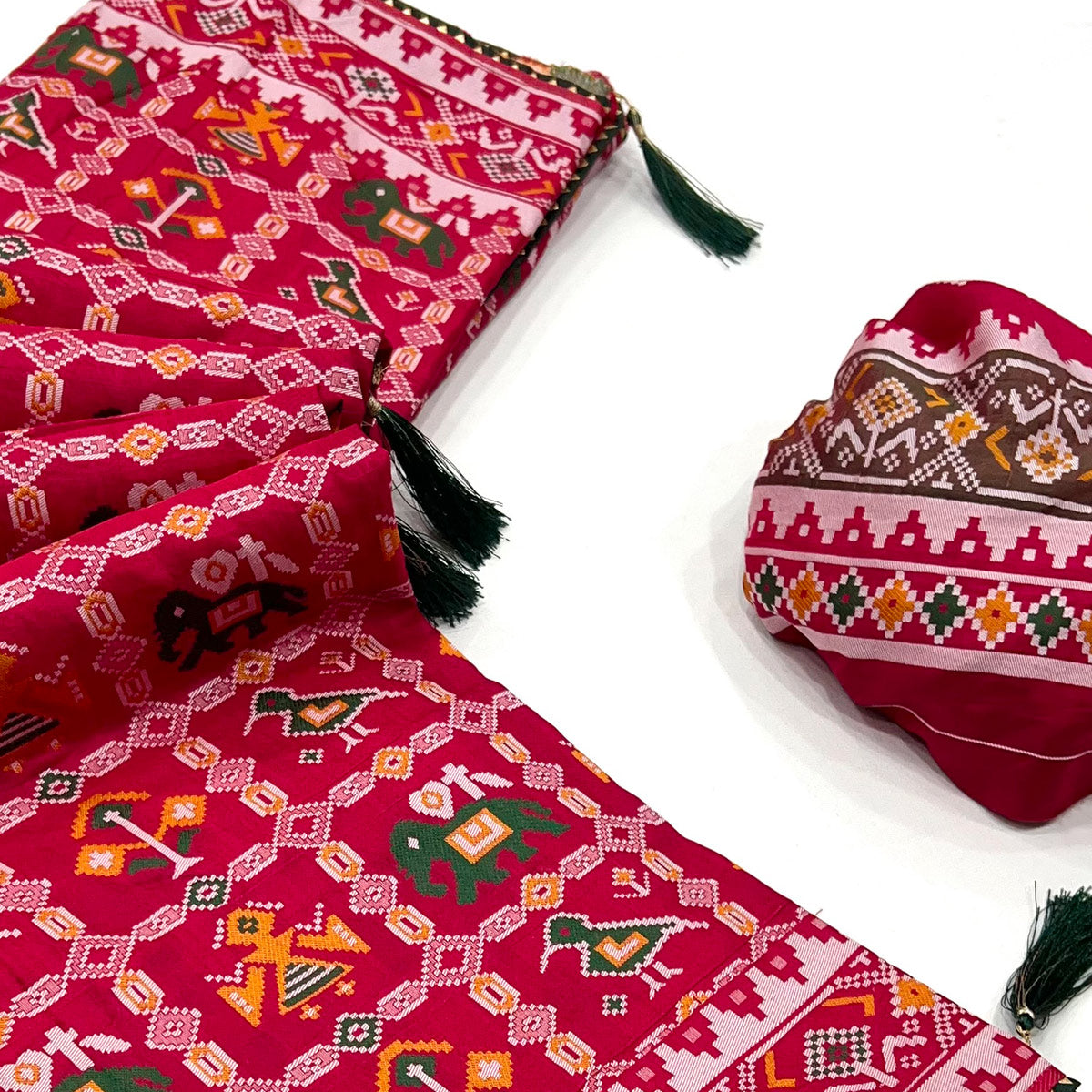 Rani Pink Woven Viscose Saree With Tassels