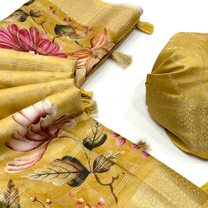 Yellow Woven With Floral Digital Printed Fancy Fabric Saree