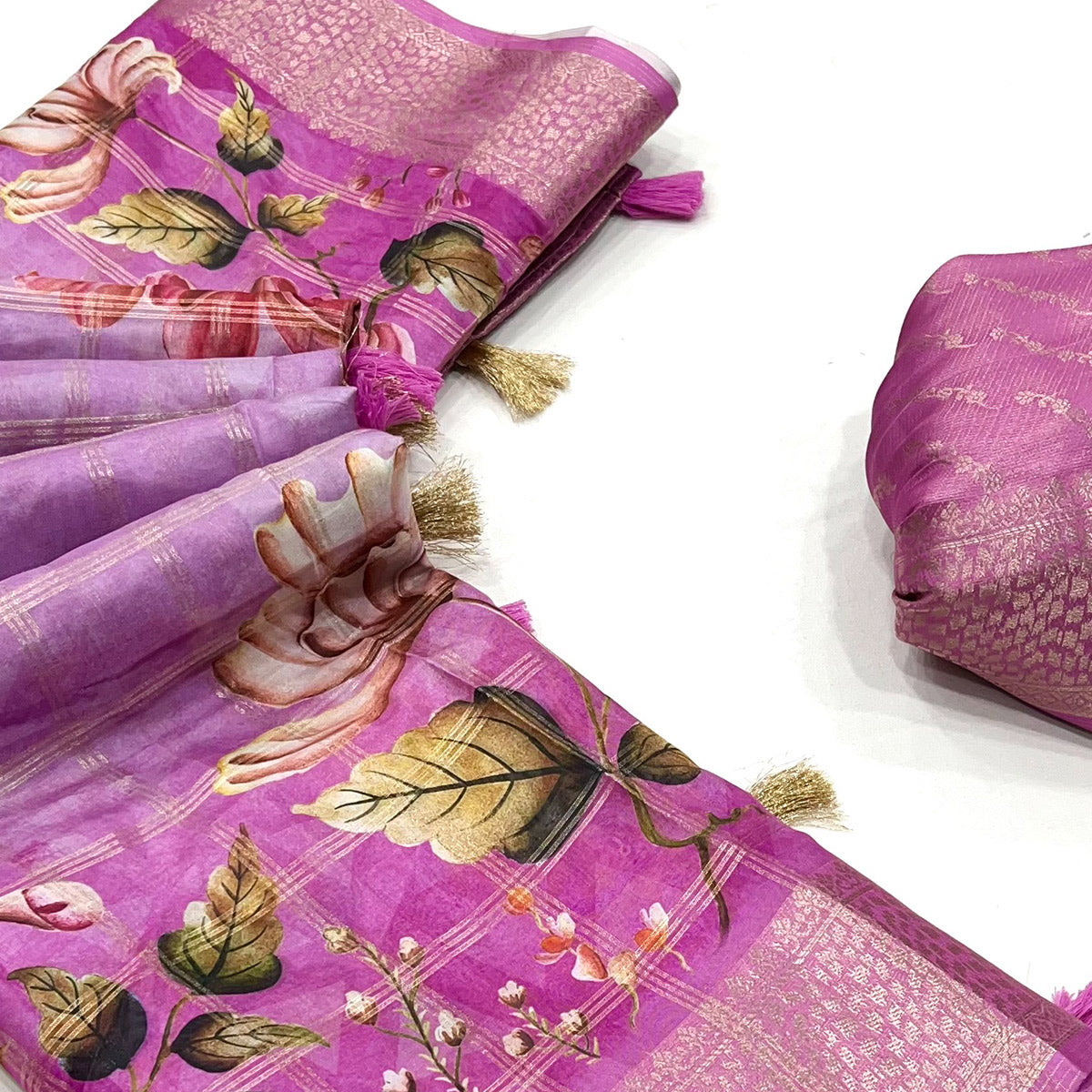 Purple Woven With Floral Digital Printed Fancy Fabric Saree