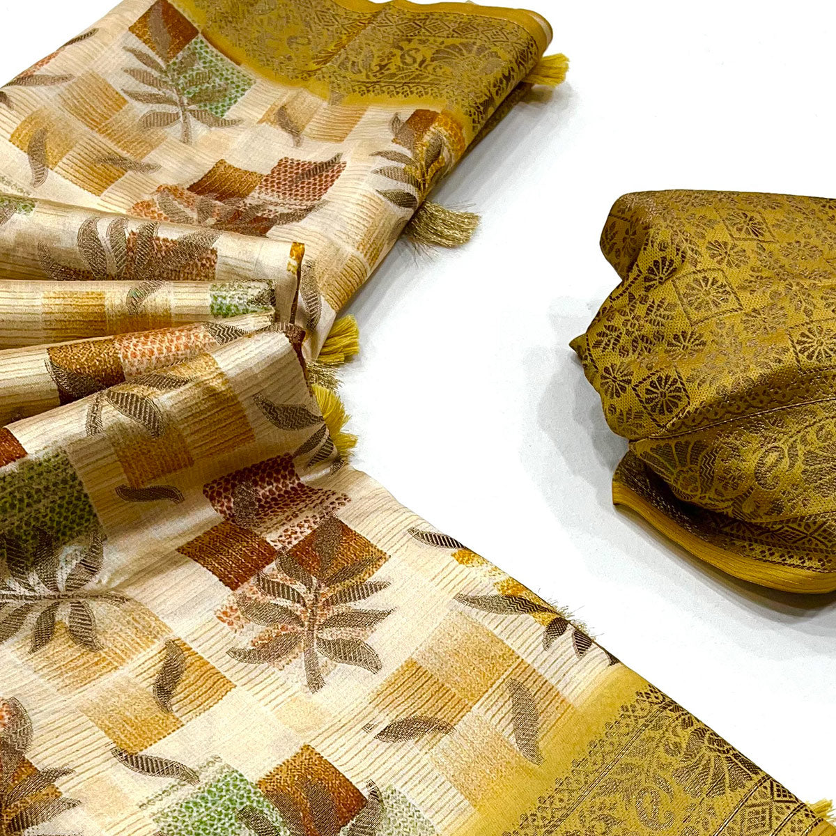 Yellow Woven With Floral Digital Printed Raw Silk Saree