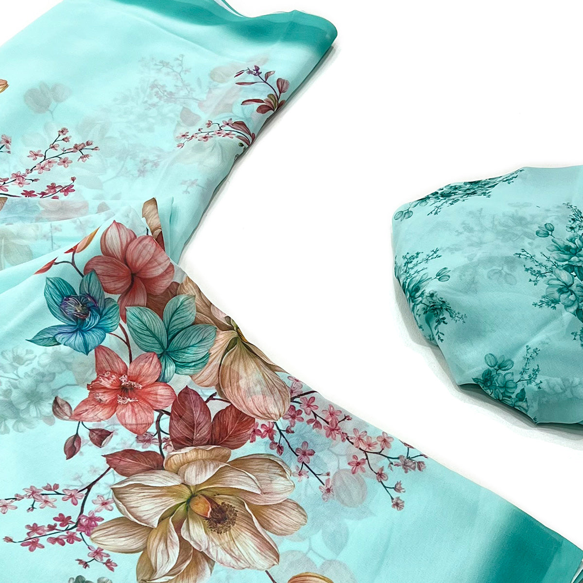Turquoise Floral Digital Printed Georgette Saree