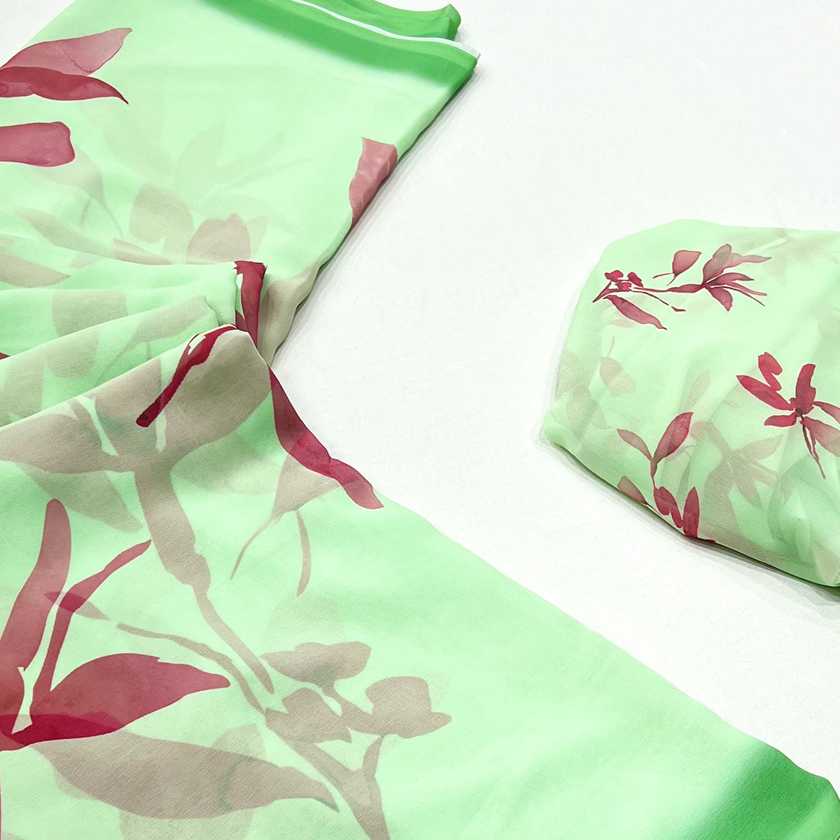 Green Floral Digital Printed Georgette Saree