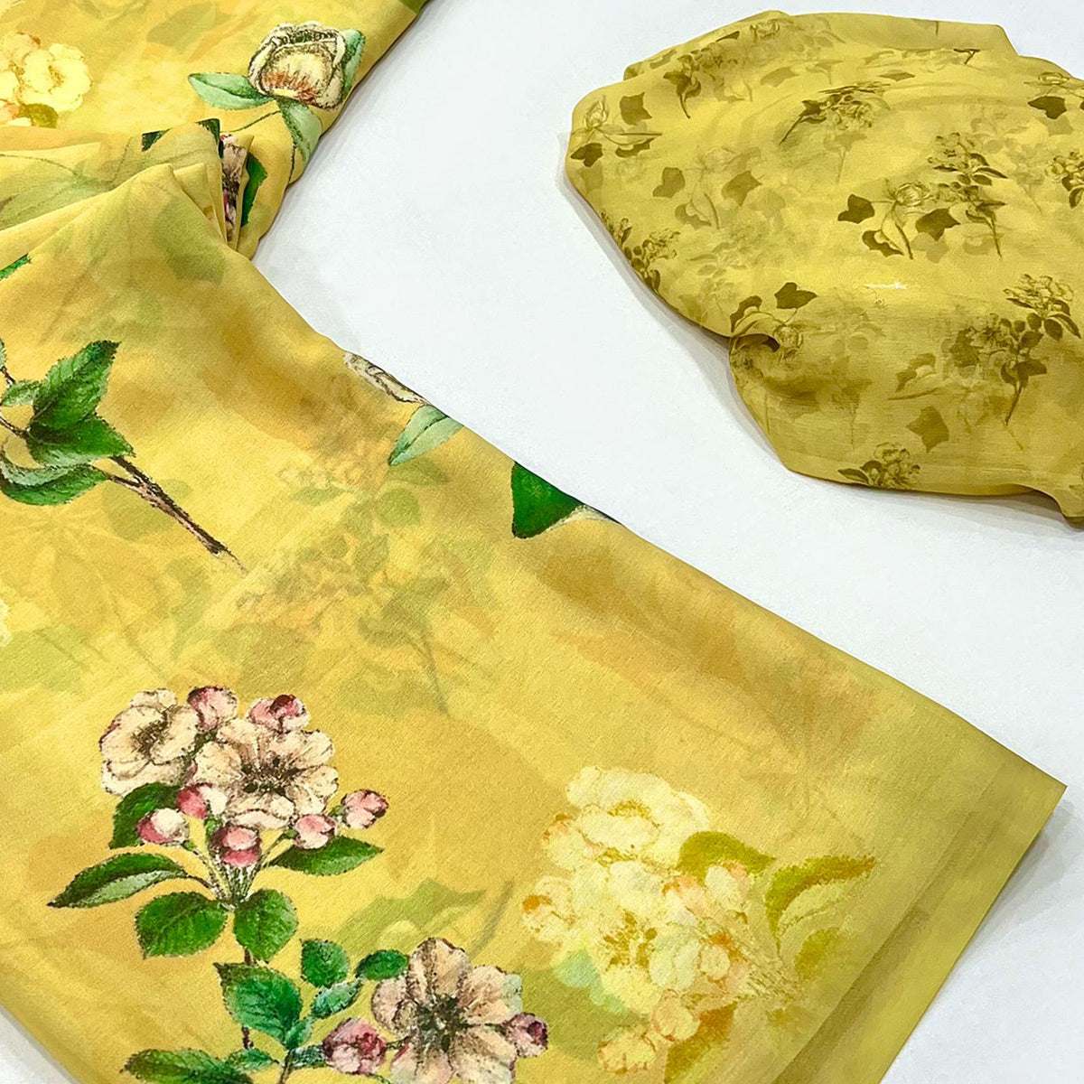 Lemon Yellow Floral Digital Printed Georgette Saree