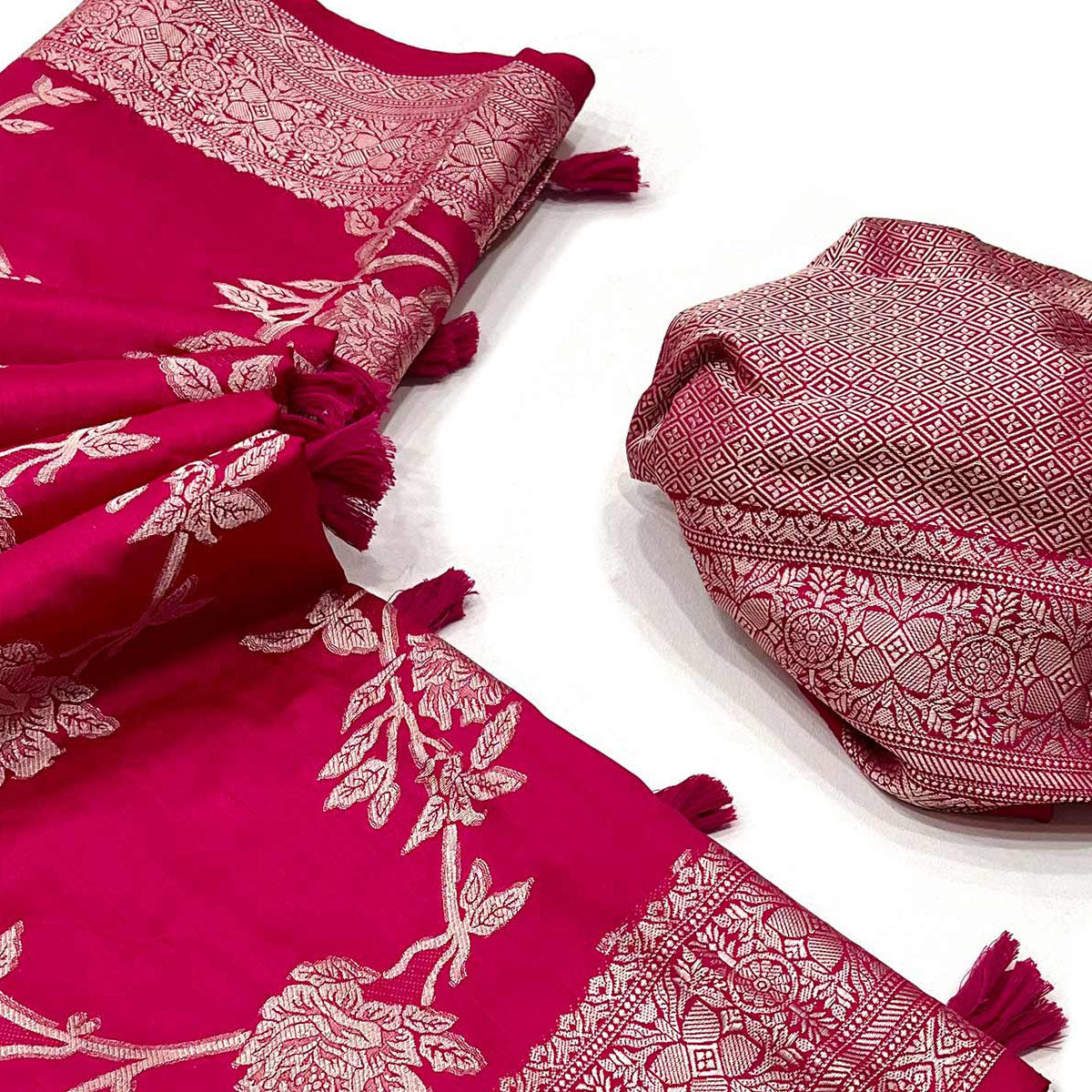 Rani Pink Floral Woven Dola Silk Saree With Tassels
