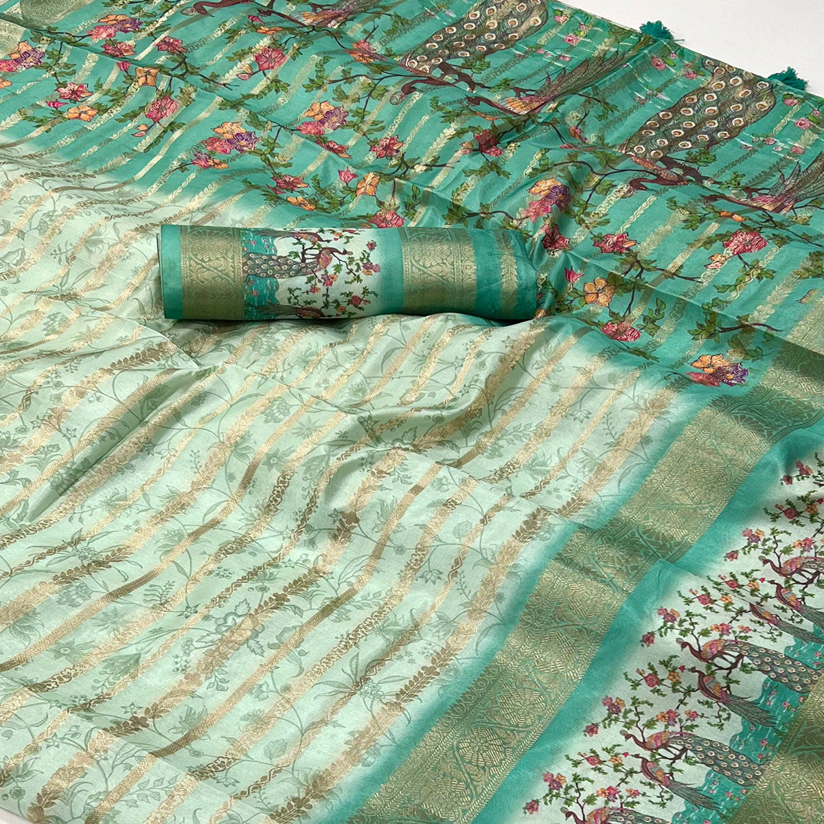 Sea Green Floral Woven With Digital Printed Art Silk Saree