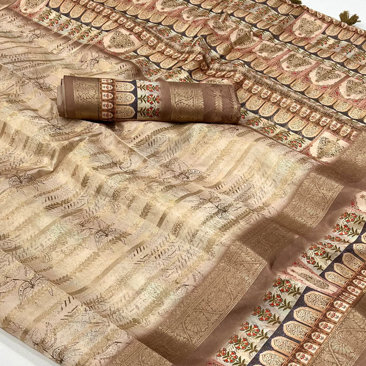 Brown Floral Woven With Digital Printed Art Silk Saree