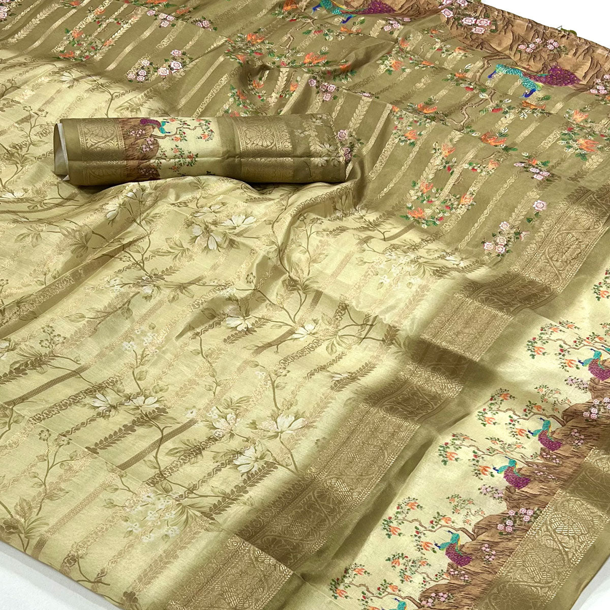 Olive Green Floral Woven With Digital Printed Art Silk Saree