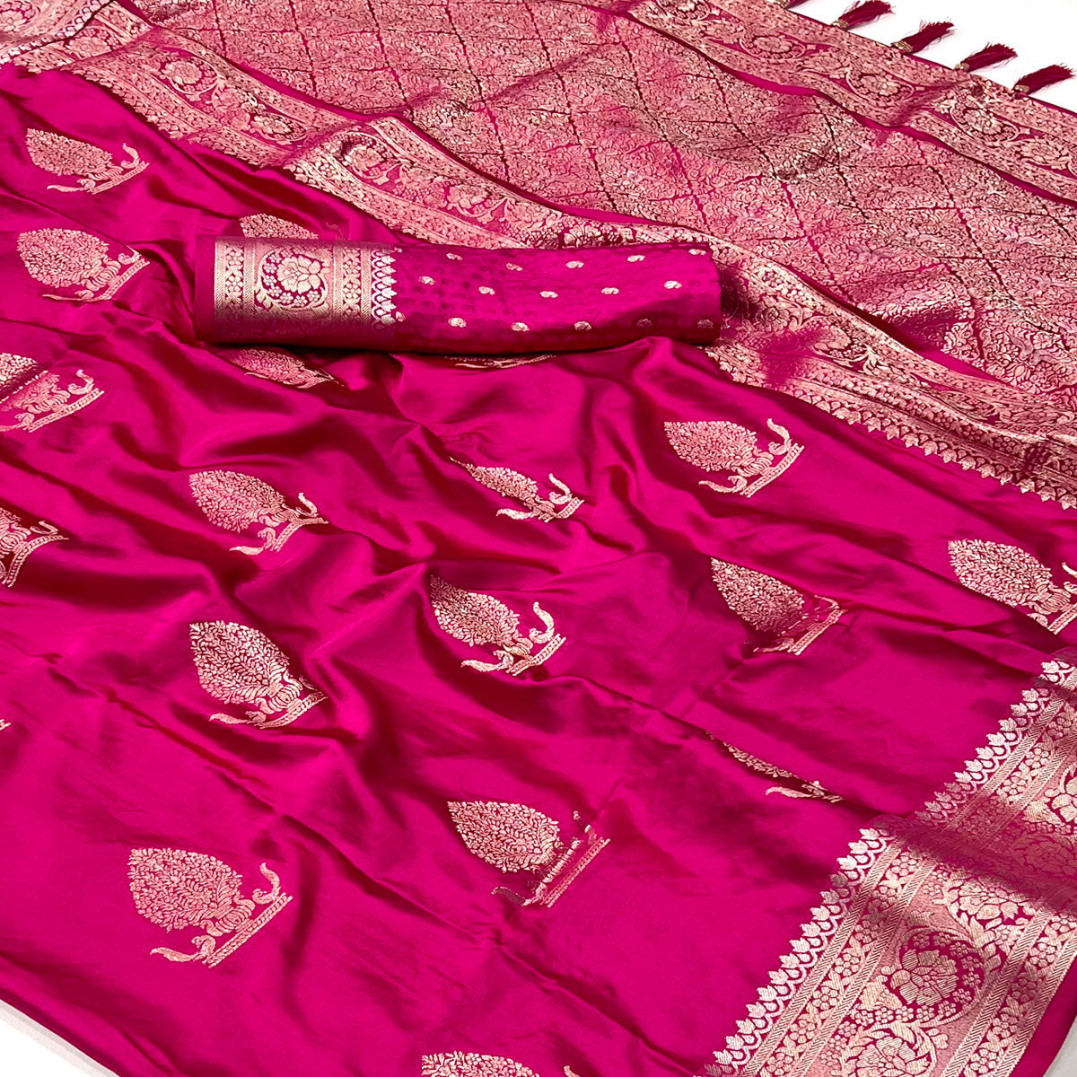 Rani Pink Floral Woven Satin Silk Saree With Tassels