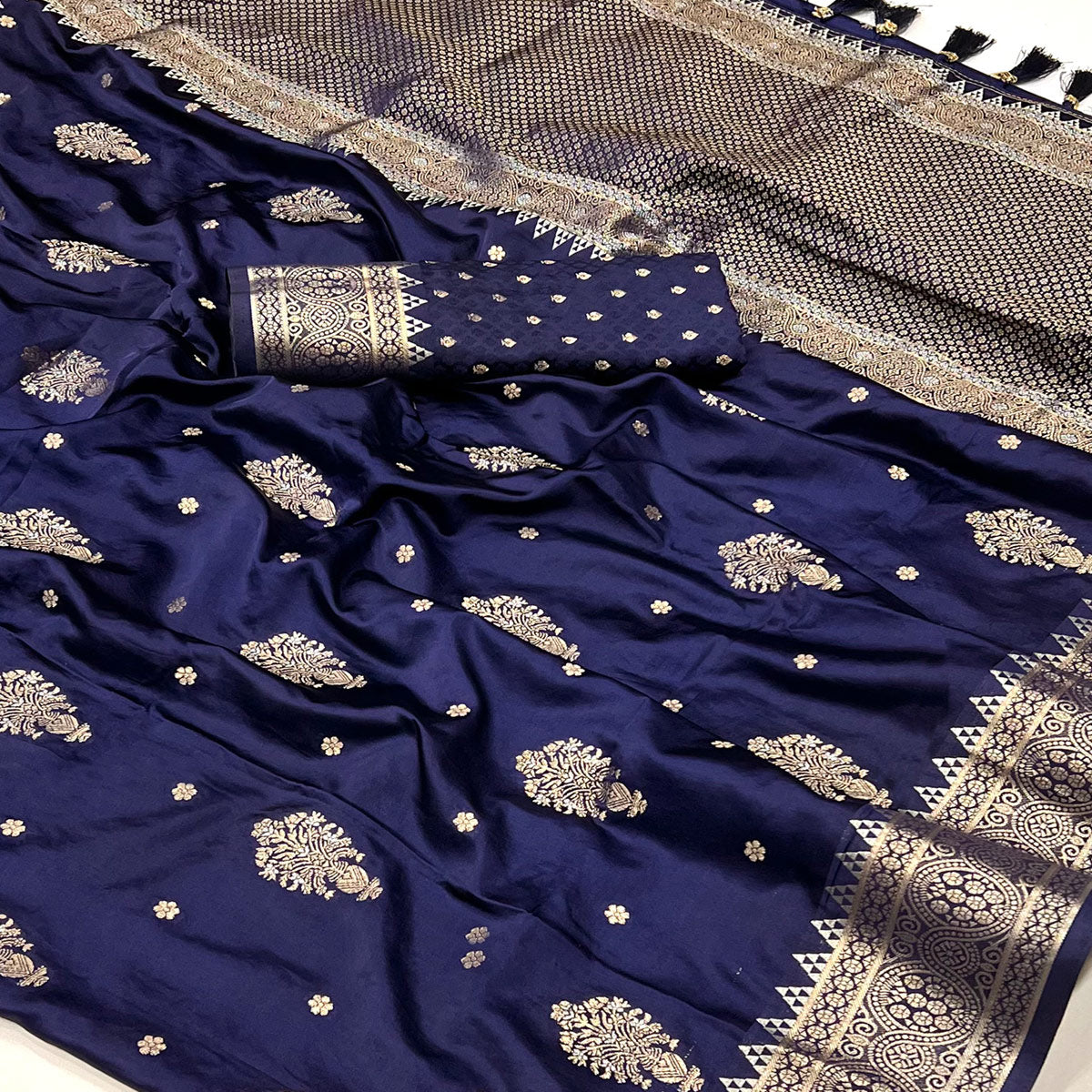 Navy Blue Floral Woven Satin Silk Saree With Tassels