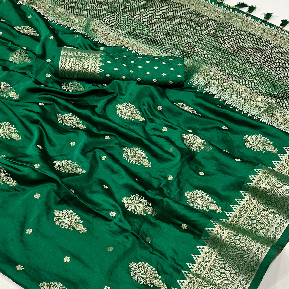 Green Floral Woven Satin Silk Saree With Tassels