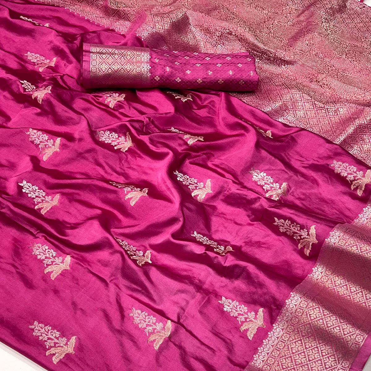 Pink Floral Woven Satin Silk Saree With Tassels