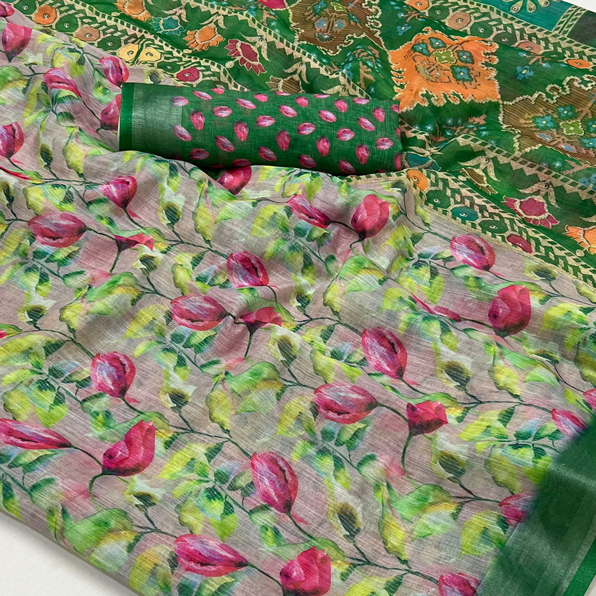 Green Floral Digital Printed Linen Saree With Zari Border