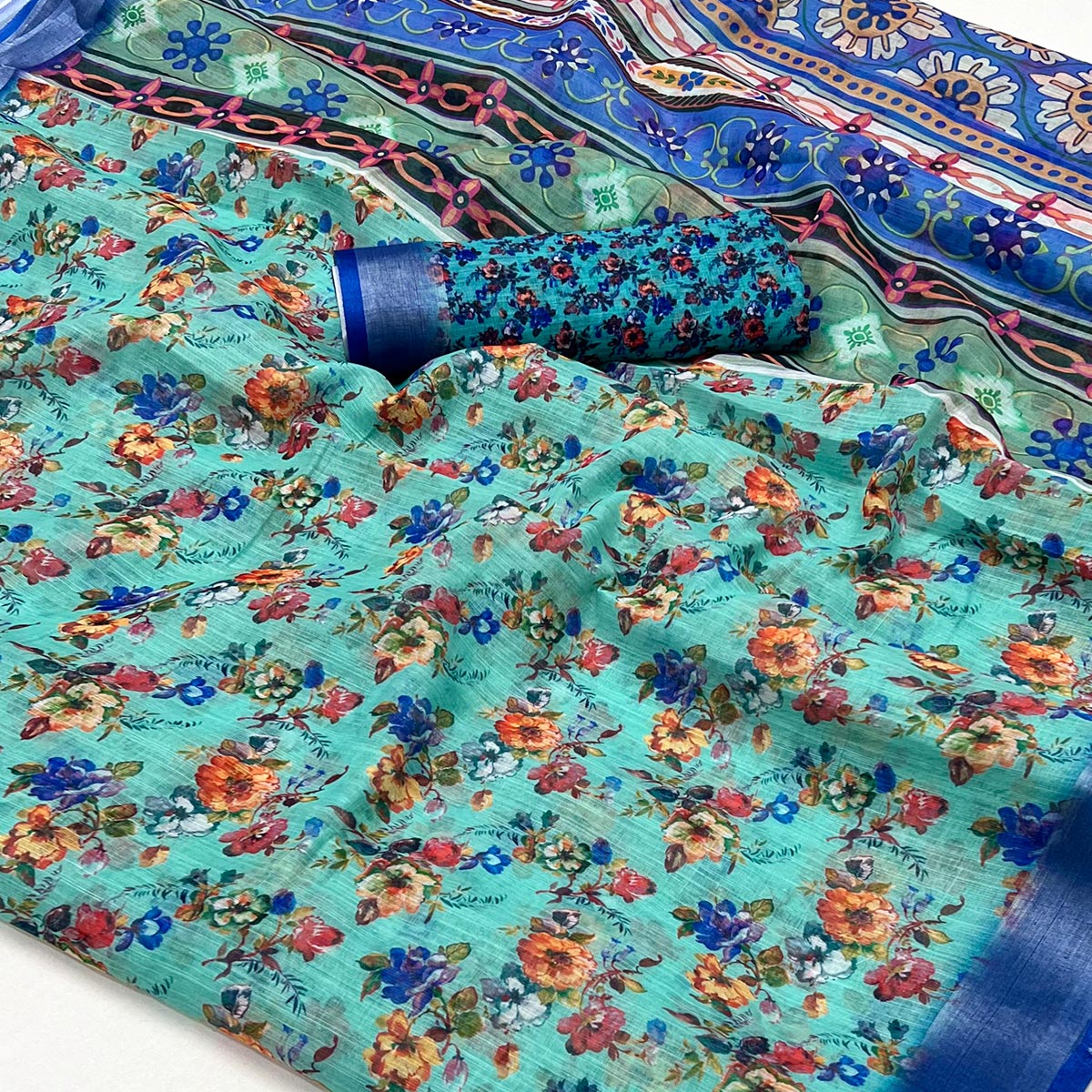 Turquoise Floral Digital Printed Linen Saree With Zari Border