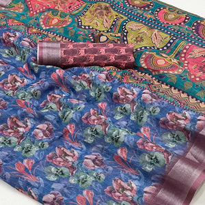 Blue Floral Digital Printed Linen Saree With Zari Border