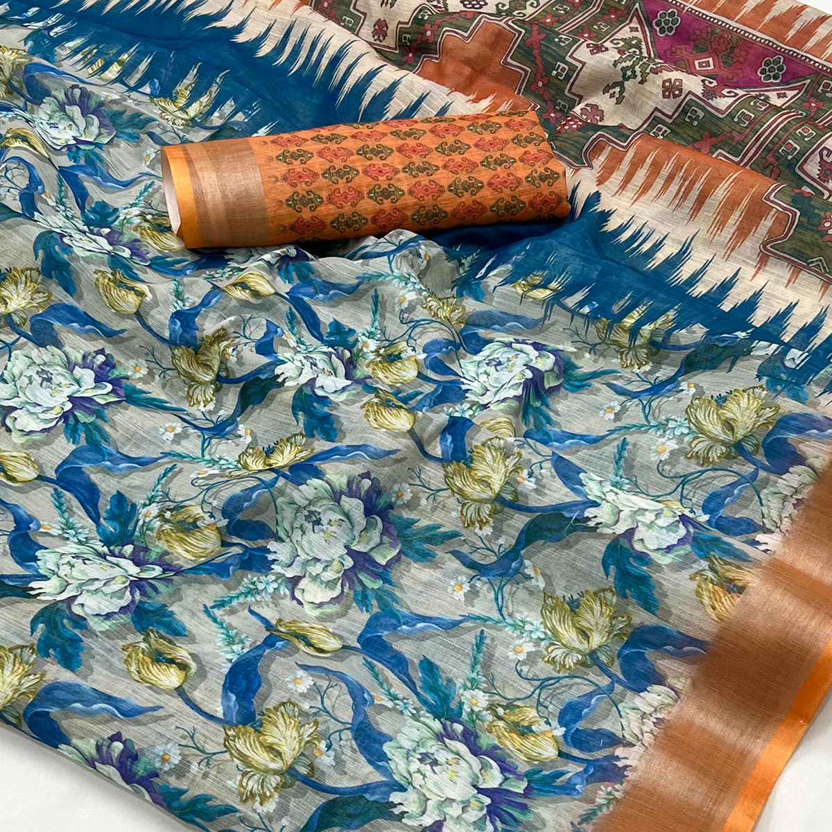 Blue Floral Digital Printed Linen Saree With Zari Border