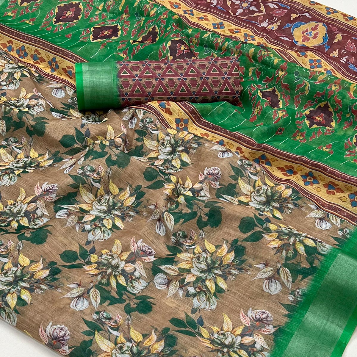 Brown Floral Digital Printed Linen Saree With Zari Border