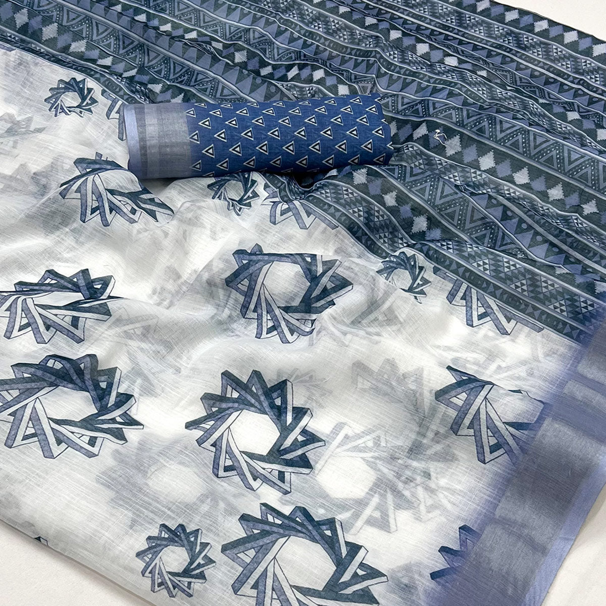 White & Blue Digital Printed Linen Saree With Zari Border