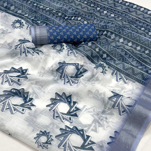 White & Blue Digital Printed Linen Saree With Zari Border