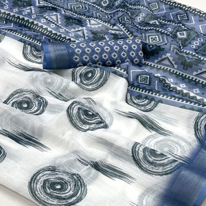 White & Blue Digital Printed Linen Saree With Zari Border