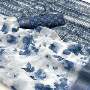 White & Blue Floral Digital Printed Linen Saree With Zari Border
