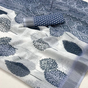 White & Blue Floral Digital Printed Linen Saree With Zari Border
