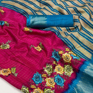 Pink Floral Zari Checks Woven Dola Silk Jacquard Saree