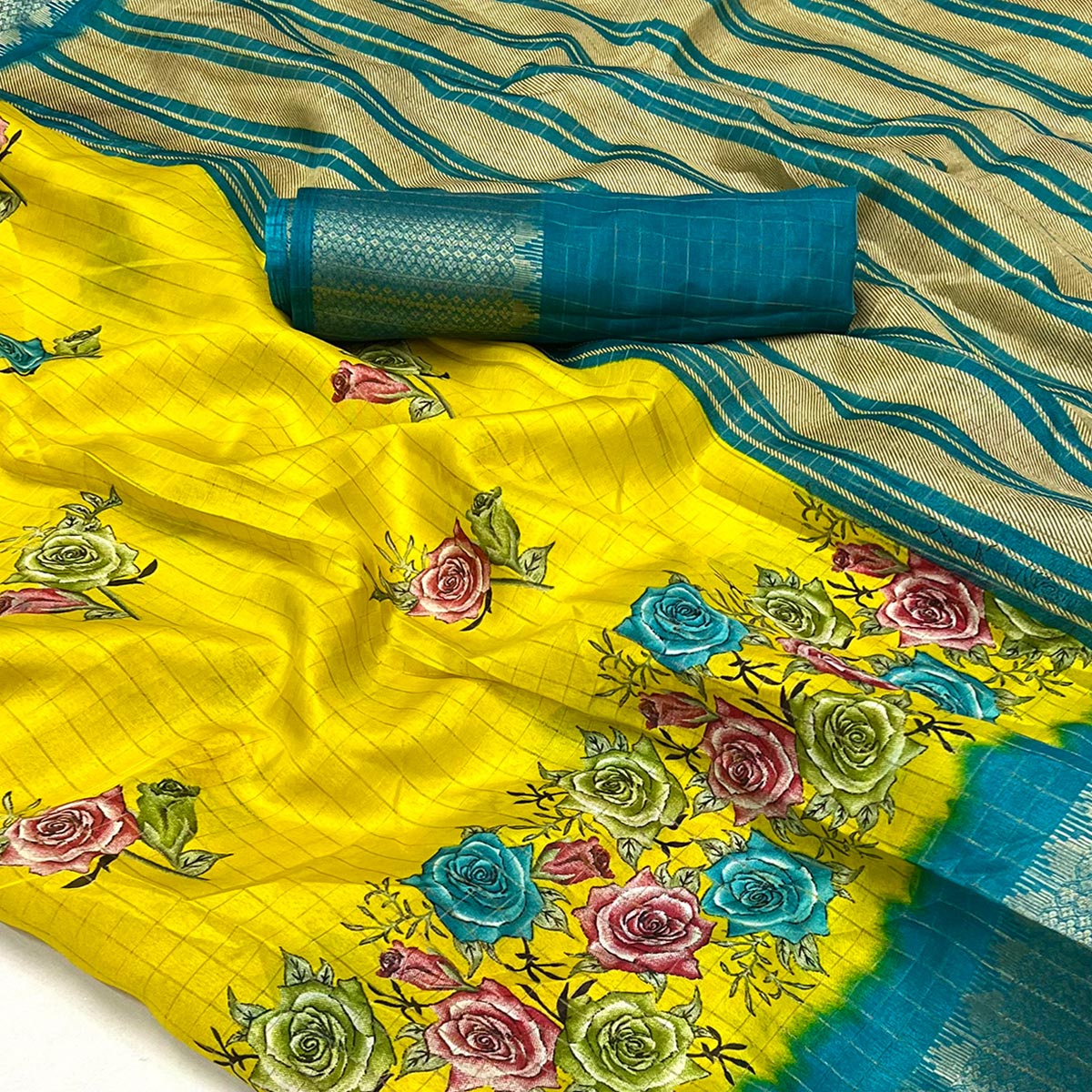 Yellow Floral Zari Checks Woven Dola Silk Jacquard Saree