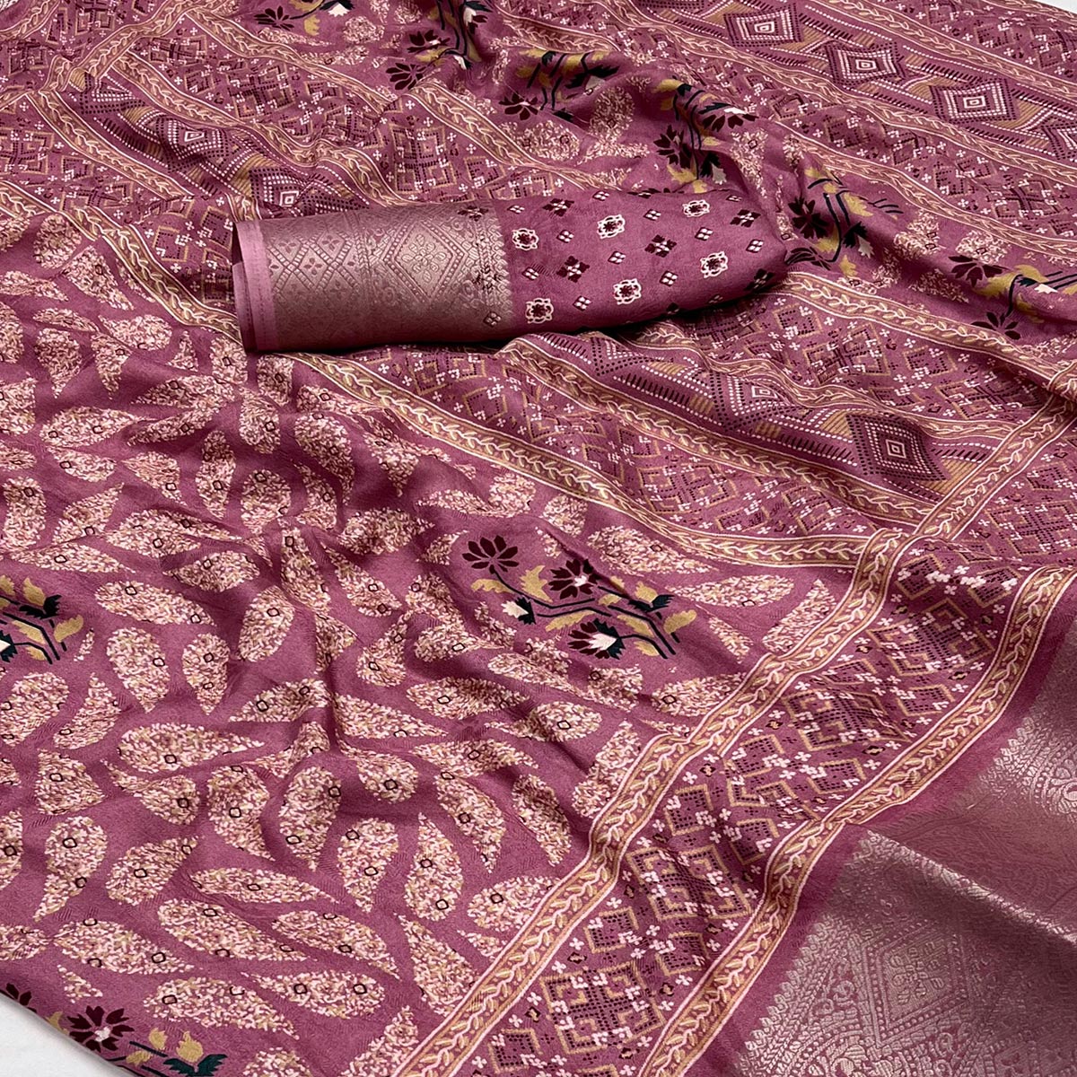 Light Wine Printed Georgette Saree With Jacquard Border