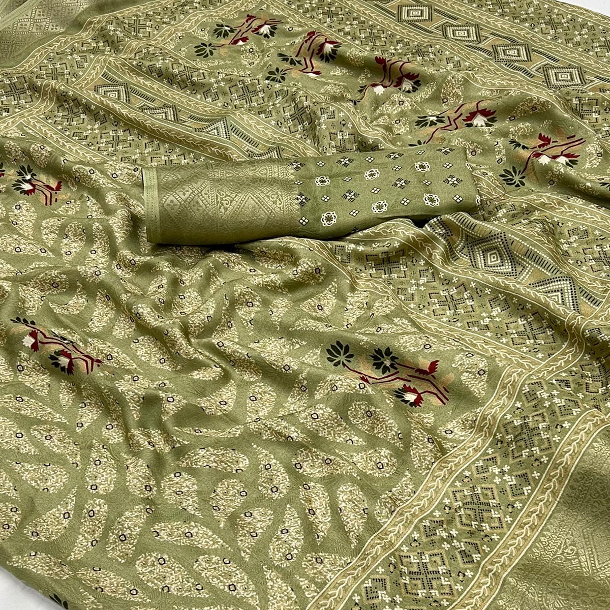 Green Printed Georgette Saree With Jacquard Border