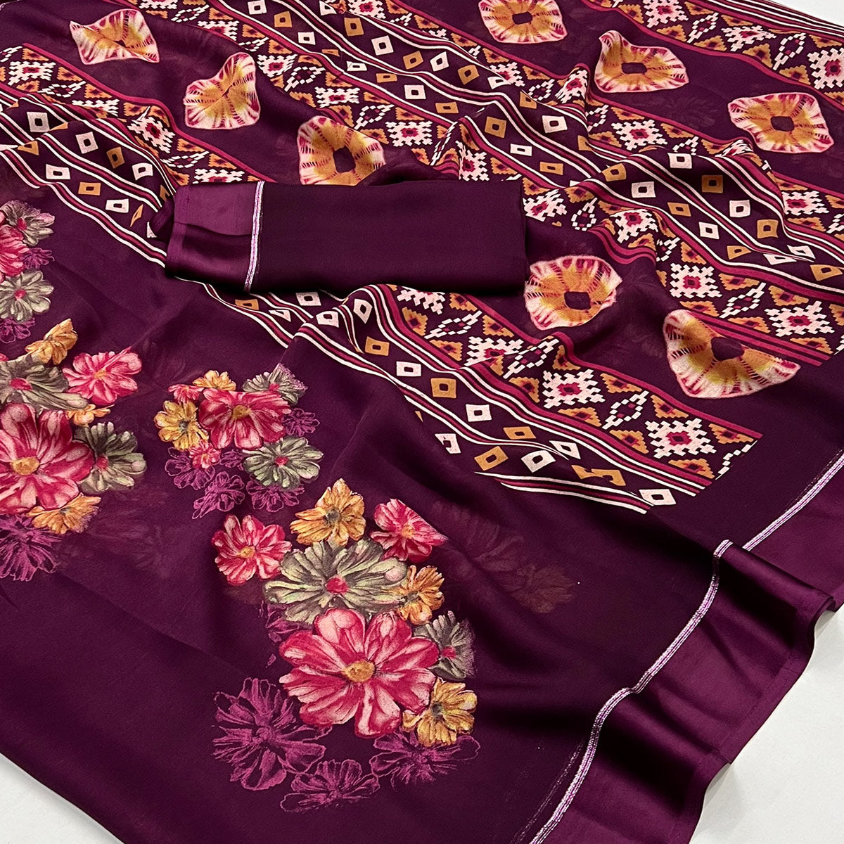 Wine Floral Printed Georgette Saree With Fancy Zari Border