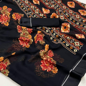Black Floral Printed Georgette Saree With Fancy Zari Border