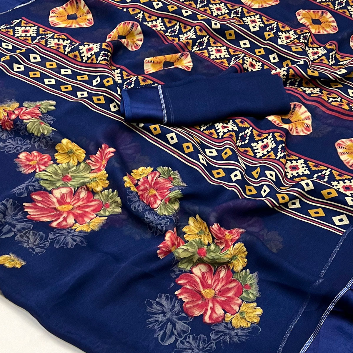 Blue Floral Printed Georgette Saree With Fancy Zari Border