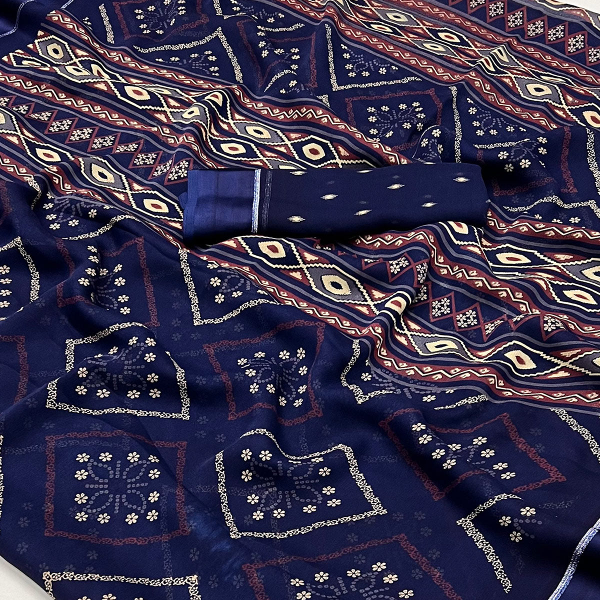 Navy Blue Floral Printed Georgette Saree With Fancy Zari Border
