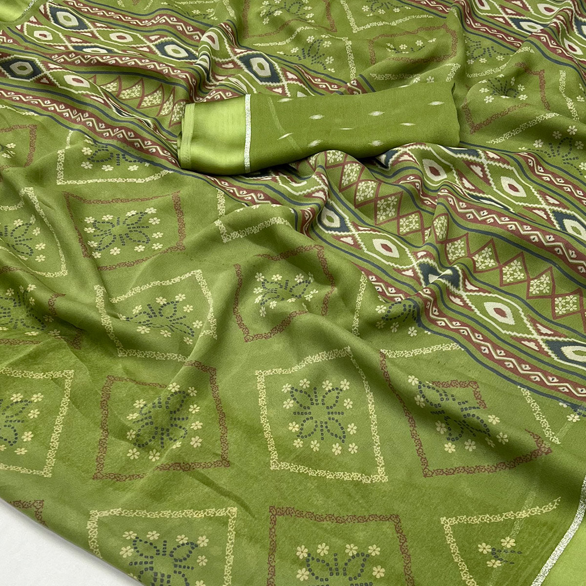Green Floral Printed Georgette Saree With Fancy Zari Border