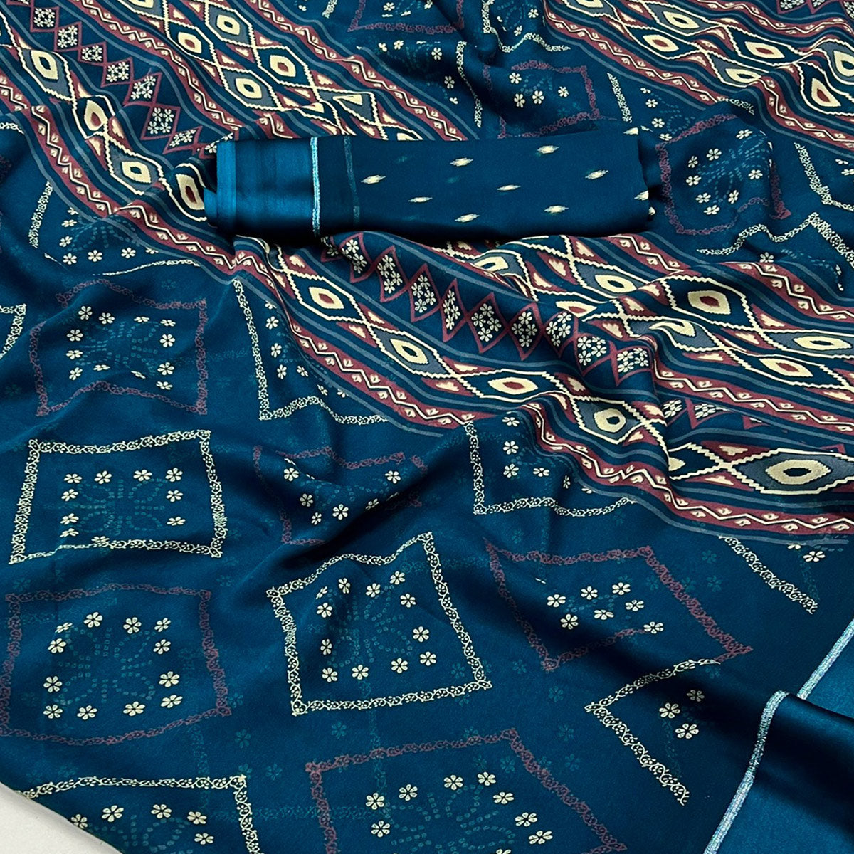 Blue Floral Printed Georgette Saree With Fancy Zari Border