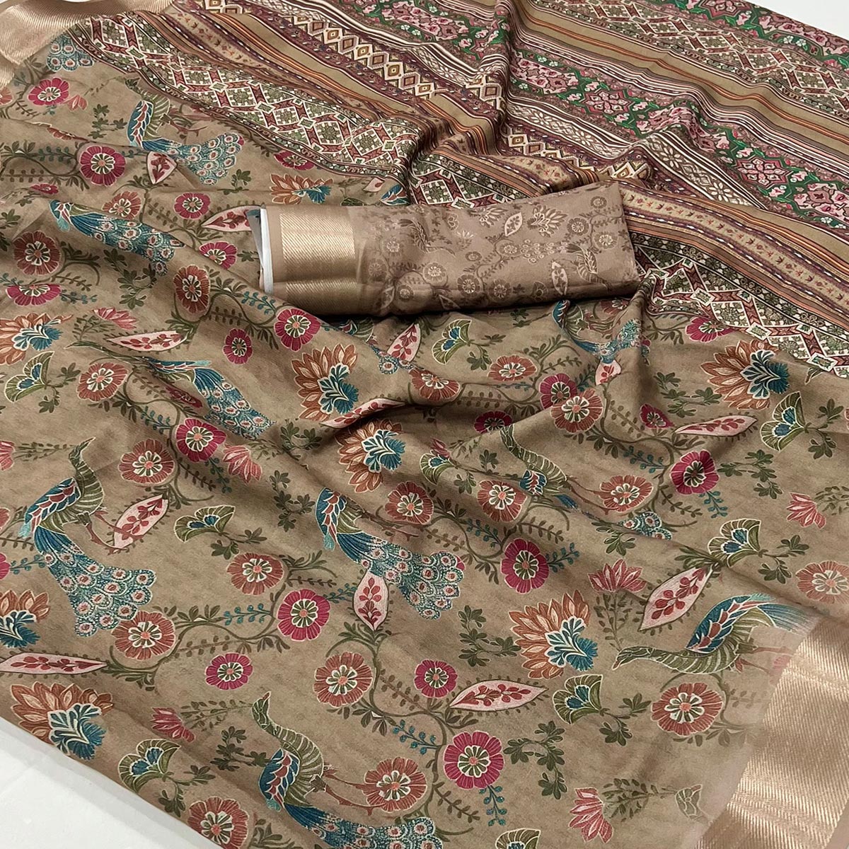 Brown Floral Digital Printed Georgette Saree With Zari Border