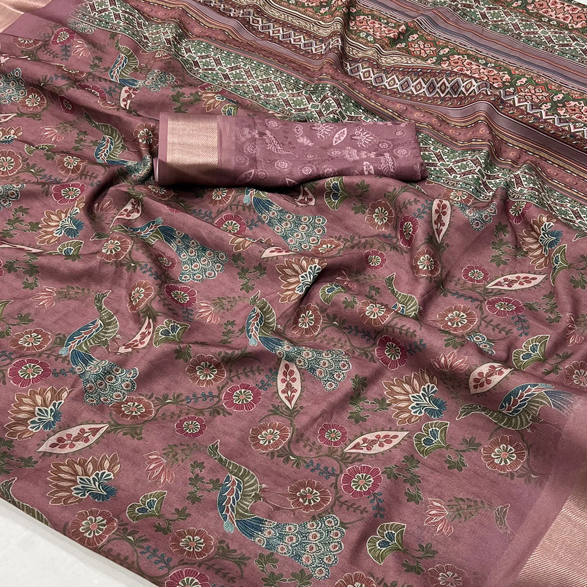 Mauve Floral Digital Printed Georgette Saree With Zari Border