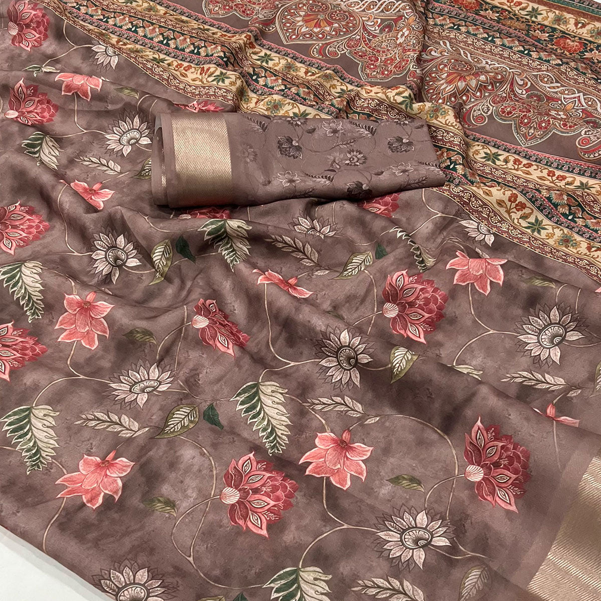 Brown Floral Digital Printed Georgette Saree With Zari Border