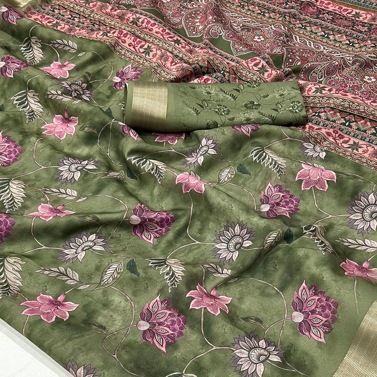 Green Floral Digital Printed Georgette Saree With Zari Border