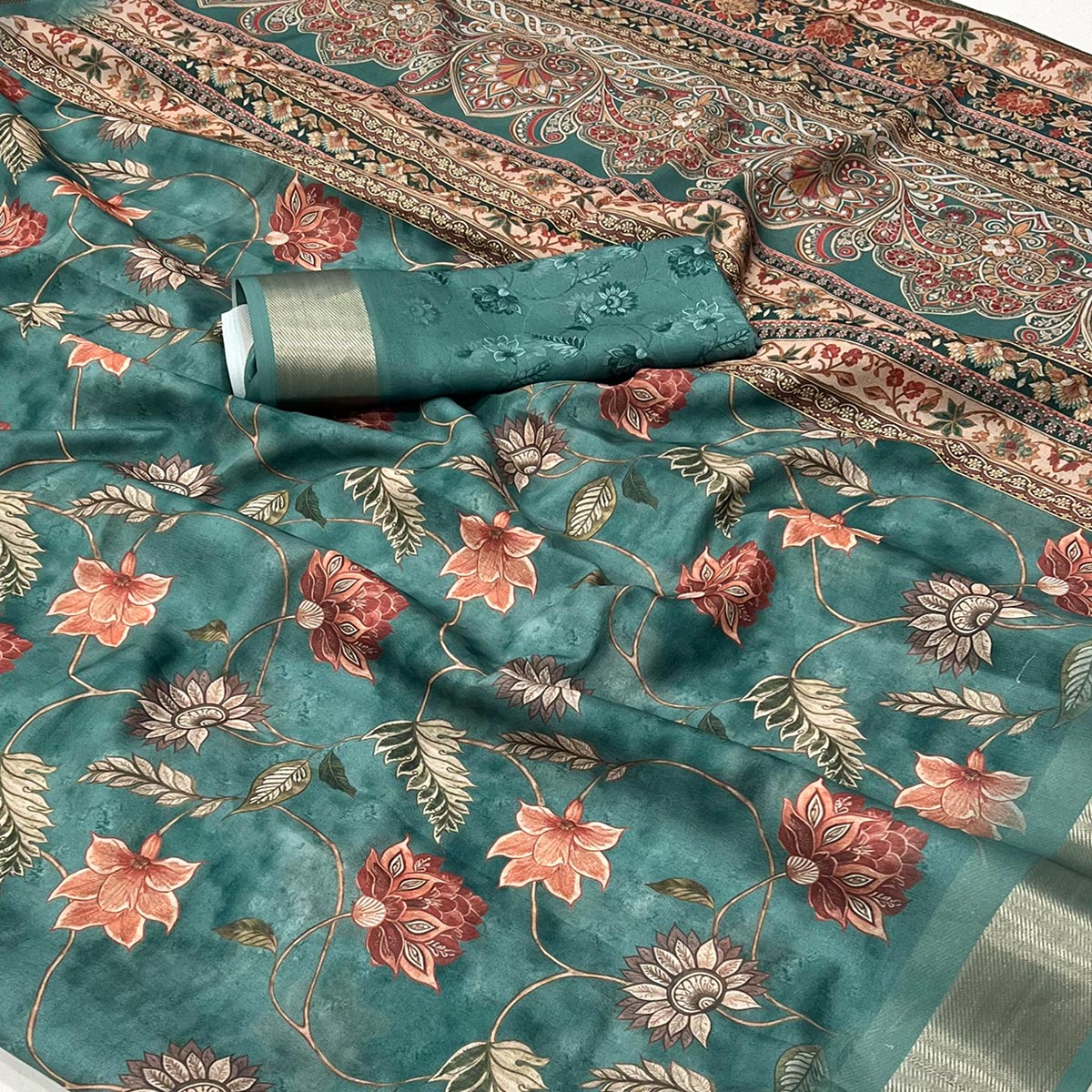 Dusty Teal Floral Digital Printed Georgette Saree With Zari Border