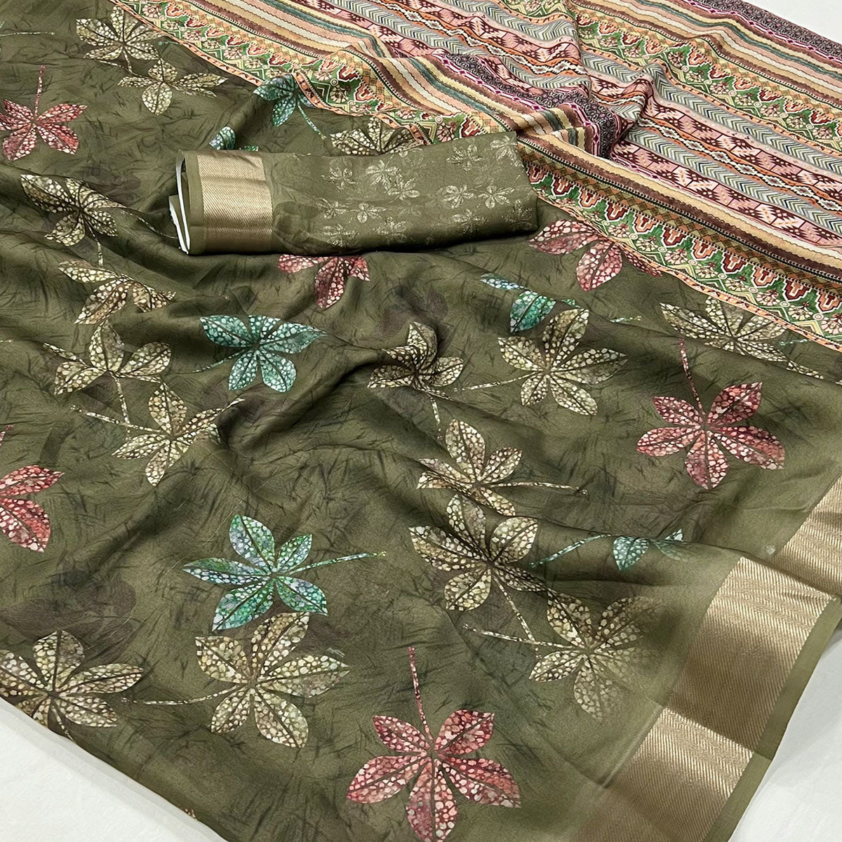 Mehendi Green Floral Digital Printed Georgette Saree With Zari Border