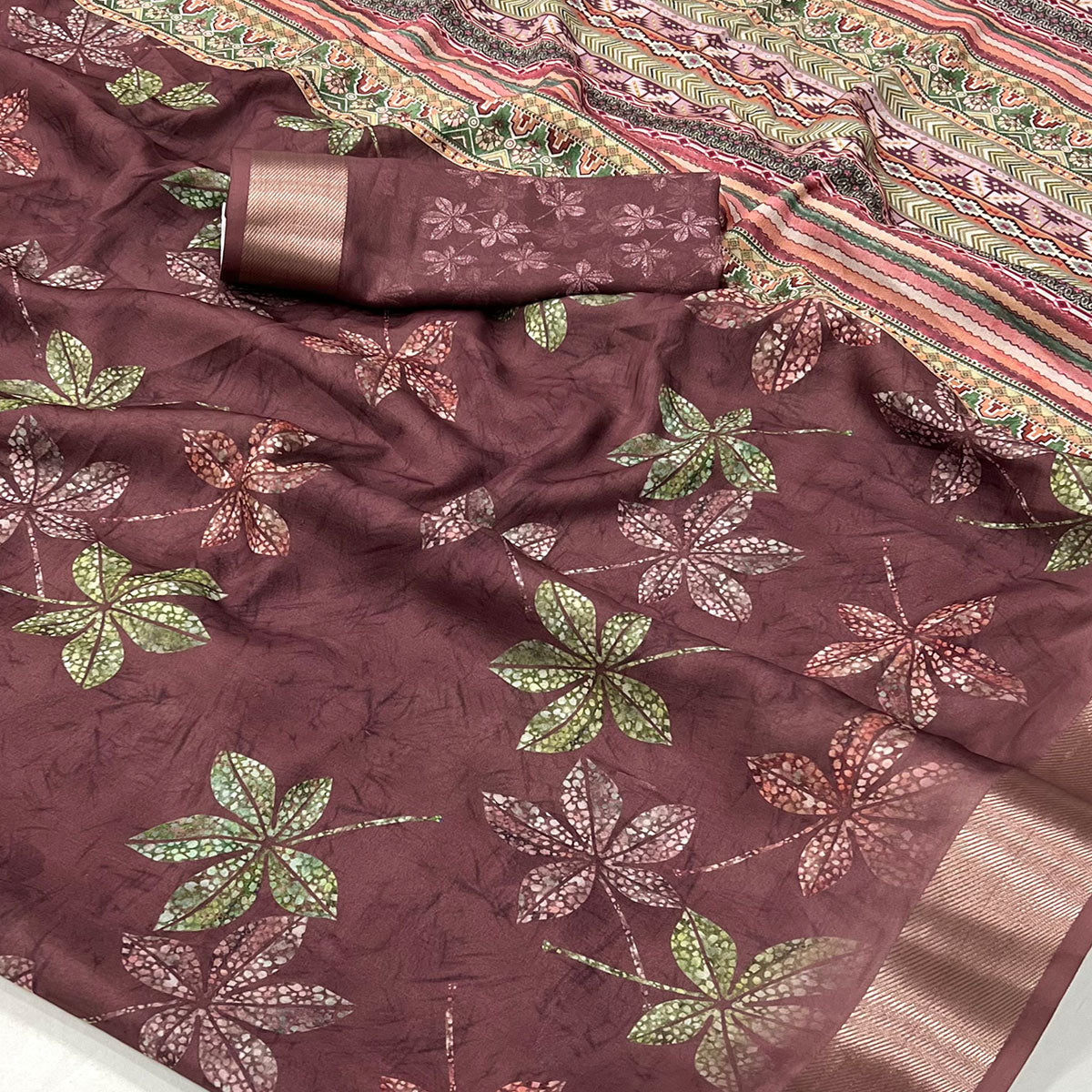 Brown Floral Digital Printed Georgette Saree With Zari Border