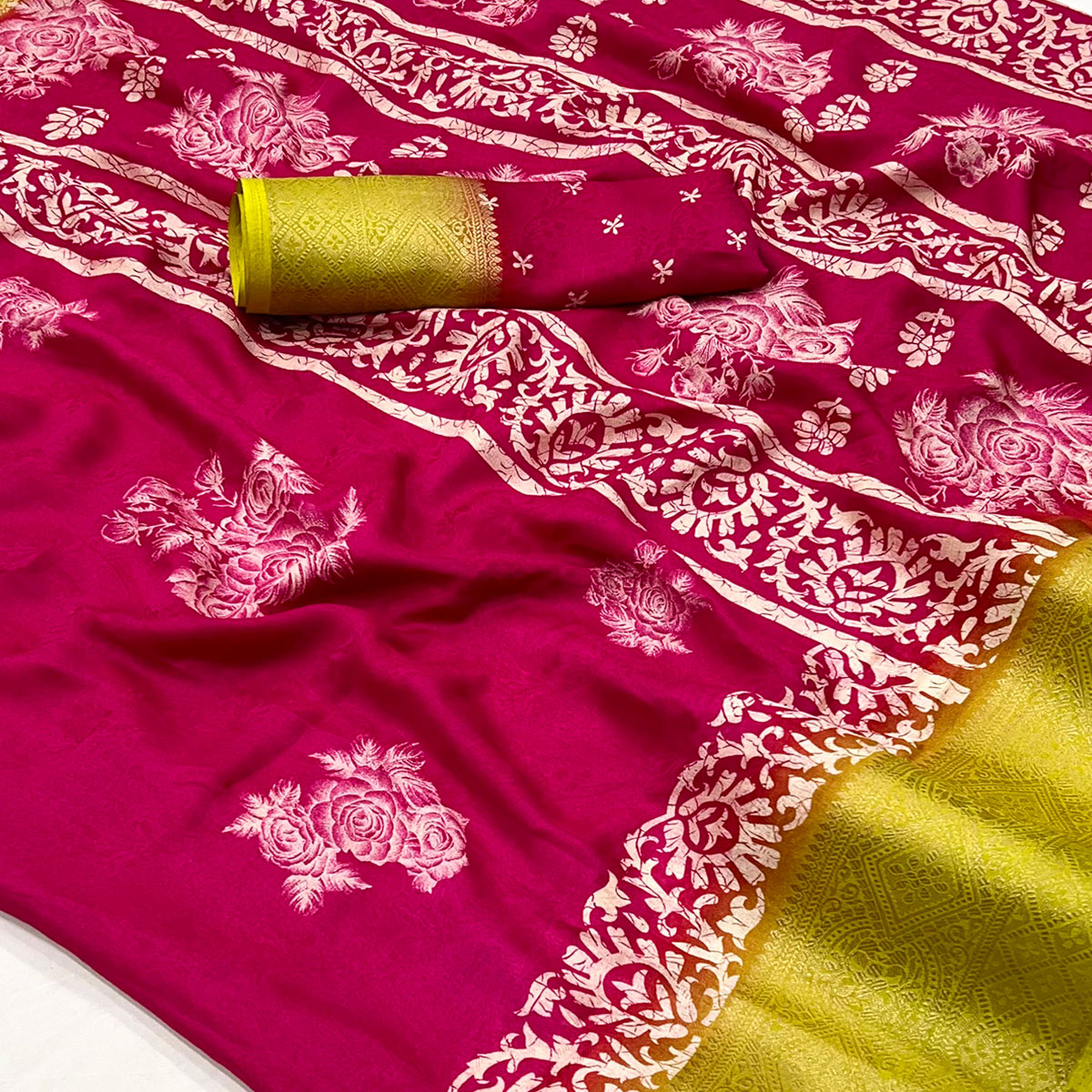 Pink Floral Printed Georgette Saree With Fancy Jacquard Zari Border
